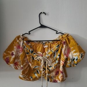 Miss Lili Mustard Floral Lace-Up Blouse